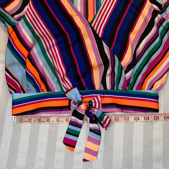 EXPRESS Colorful Cropped Striped V-Neck Faux Wrap Tie Front Blouse Sz XS - Picture 6 of 15